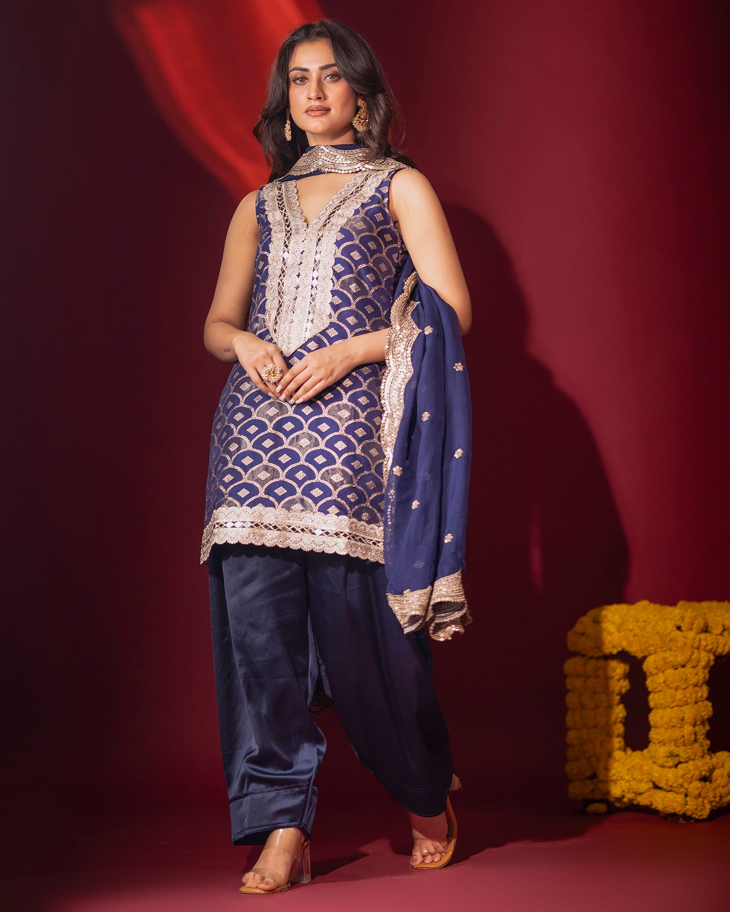 Rasiyaa Navy Blue Silk Kurta Set with Farsi Salwar and Organza Dupatta