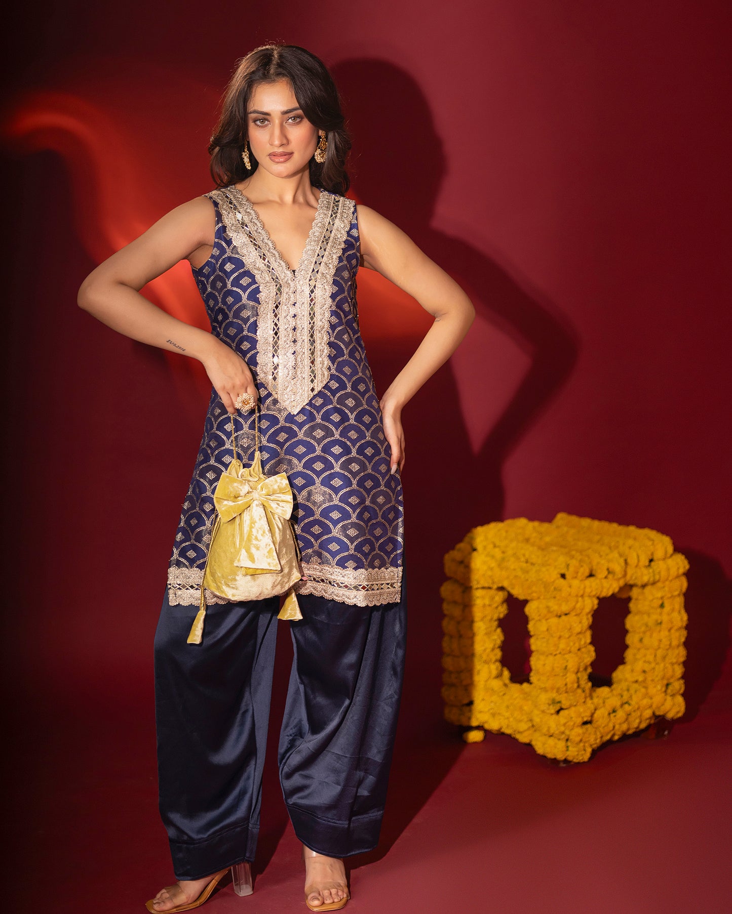 Rasiyaa Navy Blue Silk Kurta Set with Farsi Salwar and Organza Dupatta