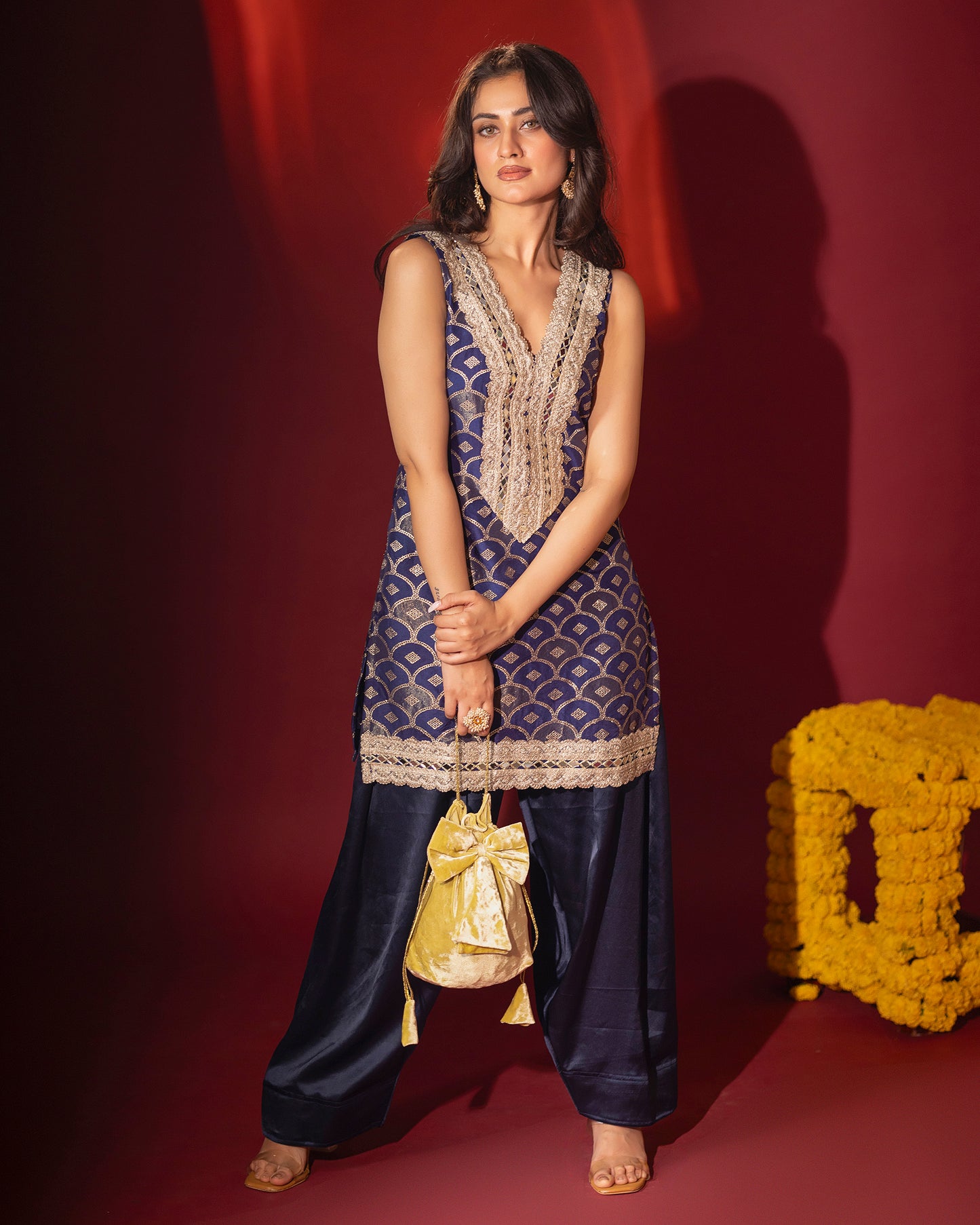 Rasiyaa Navy Blue Silk Kurta Set with Farsi Salwar and Organza Dupatta