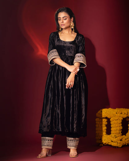 Mehru Black Silk Velvet Anarkali with Pant and Dupatta - Set of 3