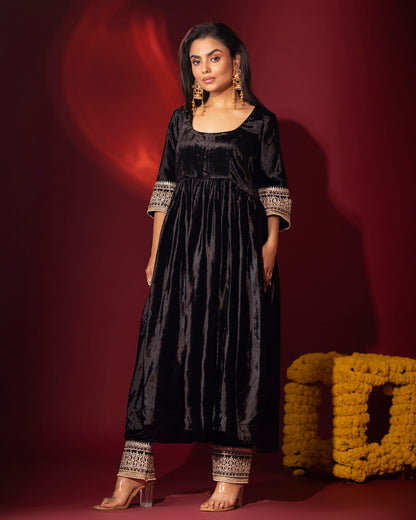 Mehru Black Silk Velvet Anarkali with Pant and Dupatta - Set of 3