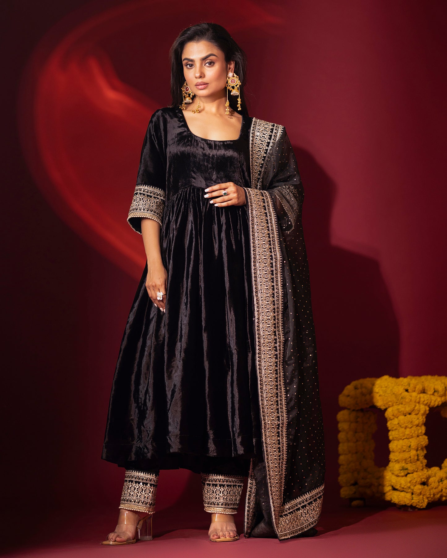 Mehru Black Silk Velvet Anarkali with Pant and Dupatta - Set of 3