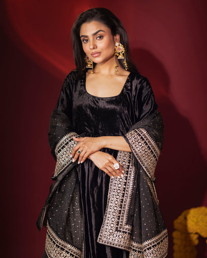 Mehru Black Silk Velvet Anarkali with Pant and Dupatta - Set of 3