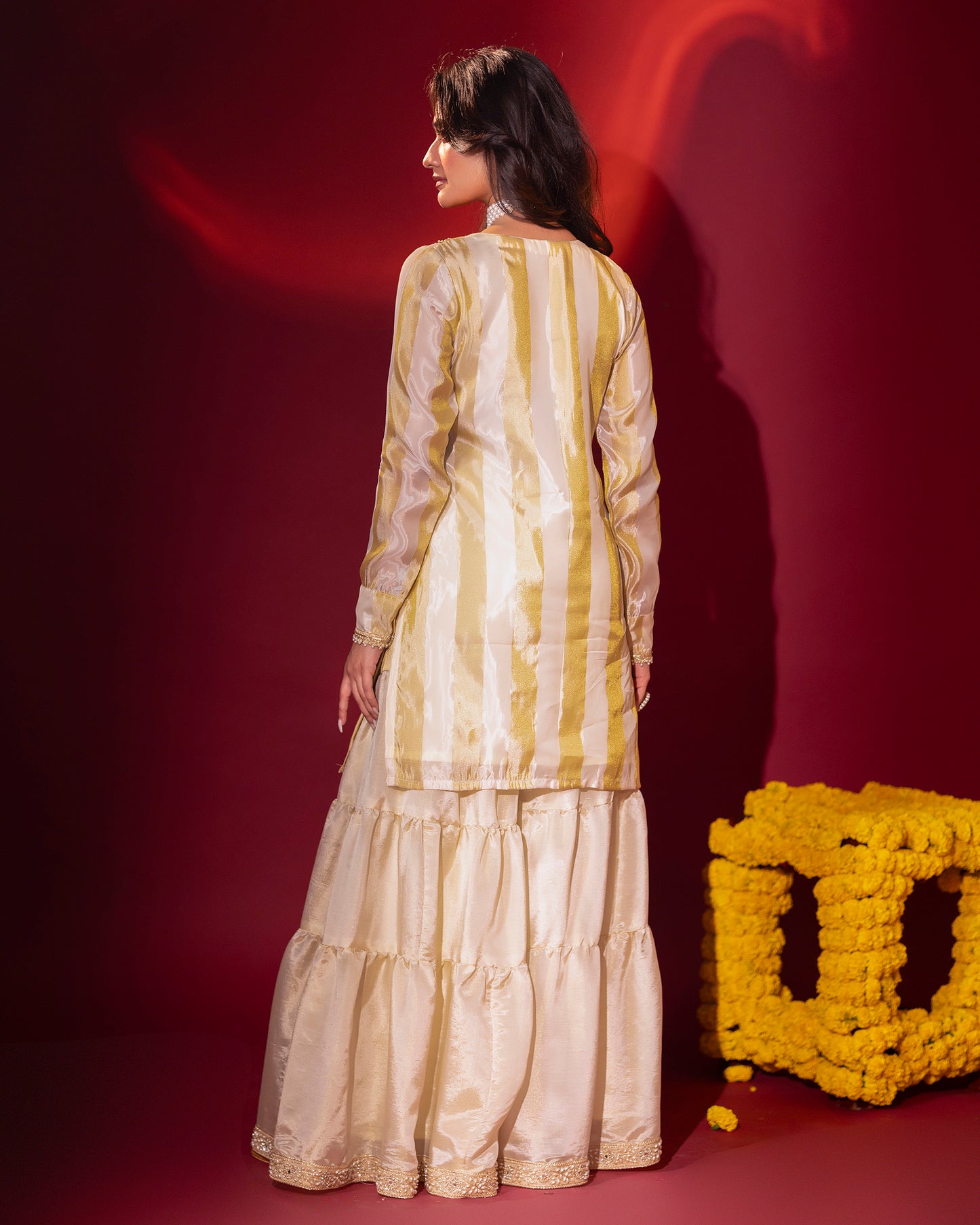 Sunheri Tissue Kurta, Gharara and Dupatta Set of 3