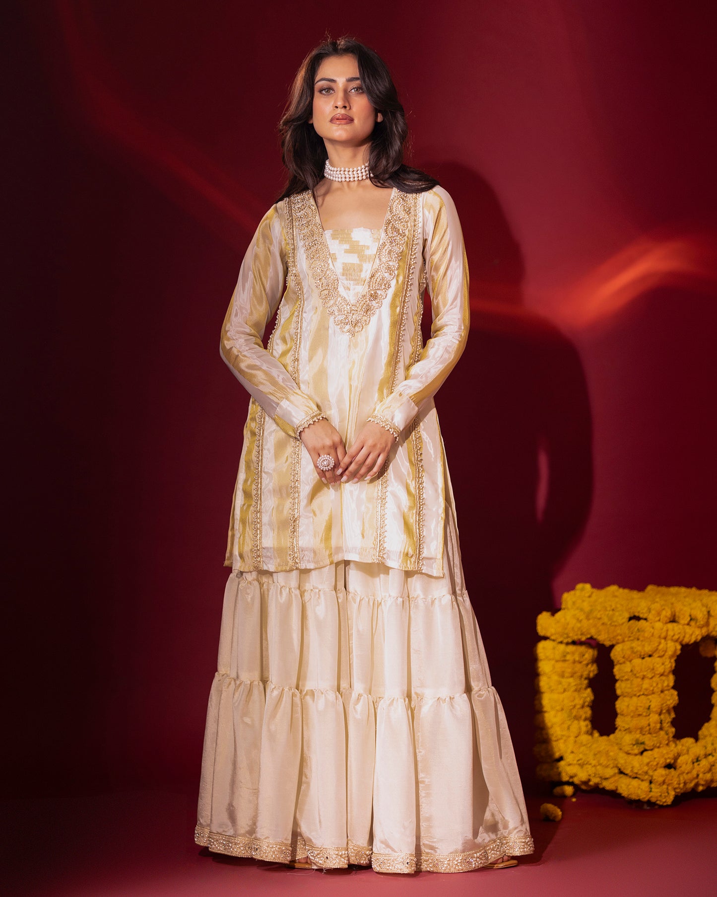 Sunheri Tissue Kurta, Gharara and Dupatta Set of 3