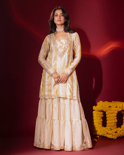 Sunheri Tissue Kurta, Gharara and Dupatta Set of 3