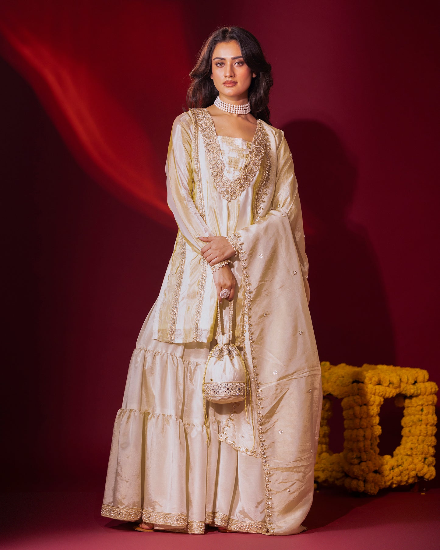 Sunheri Tissue Kurta, Gharara and Dupatta Set of 3