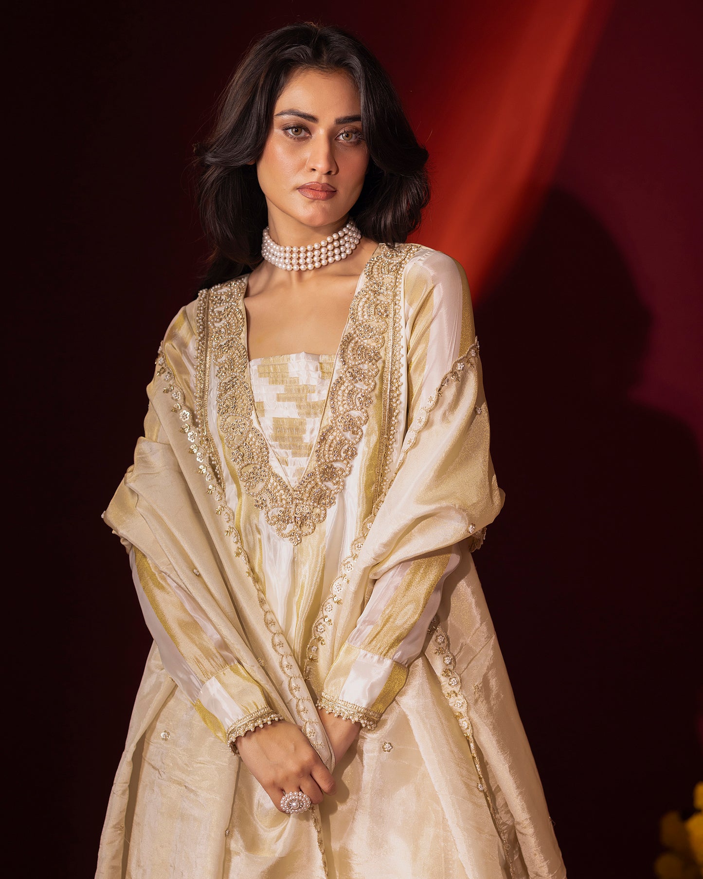 Sunheri Tissue Kurta, Gharara and Dupatta Set of 3