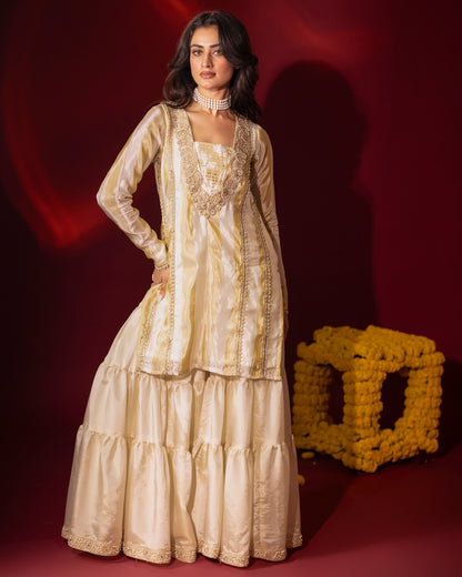 Sunheri Tissue Kurta, Gharara and Dupatta Set of 3