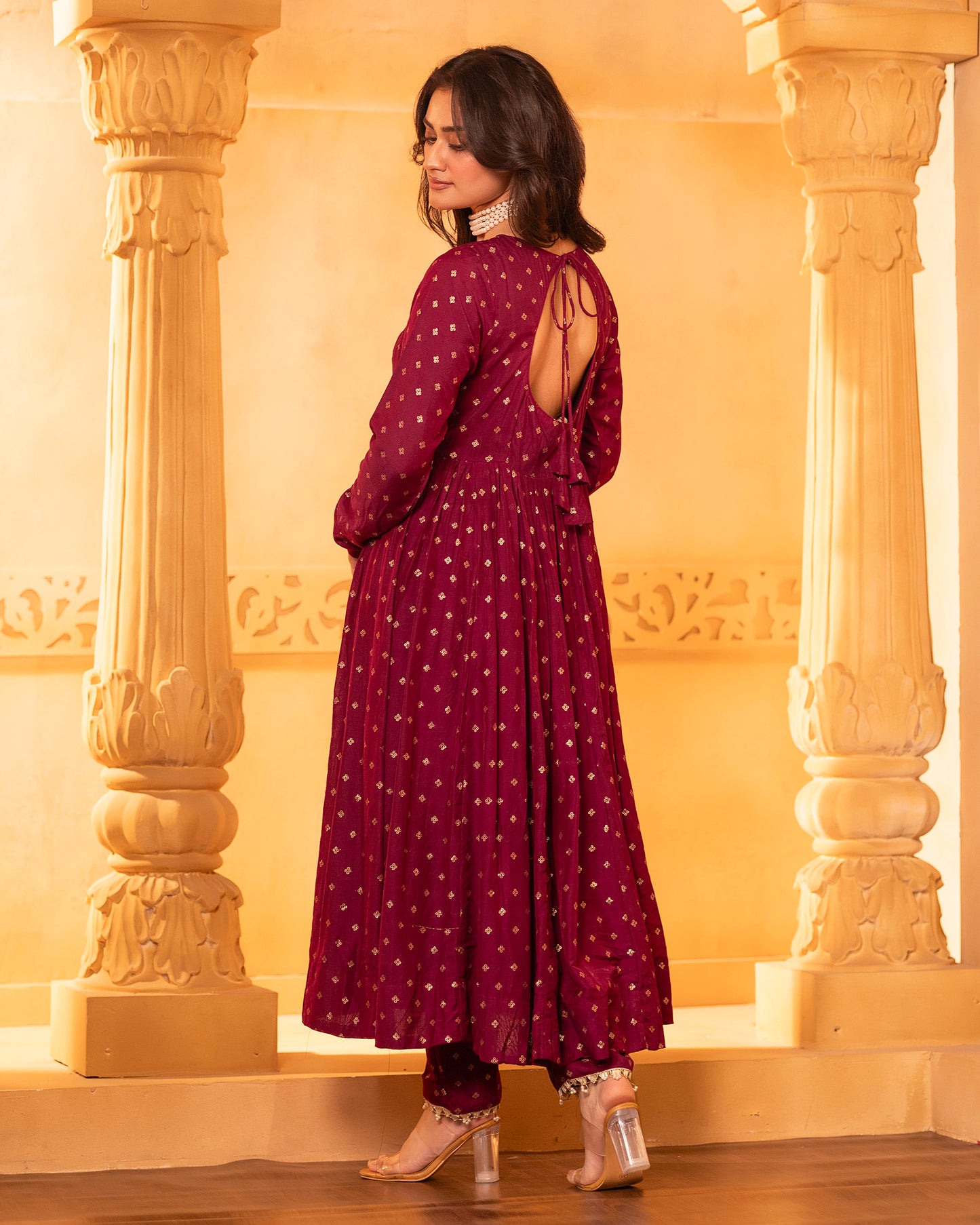 Naazrana Burgundy Wine Anarkali, Pant and Dupatta Set of 3