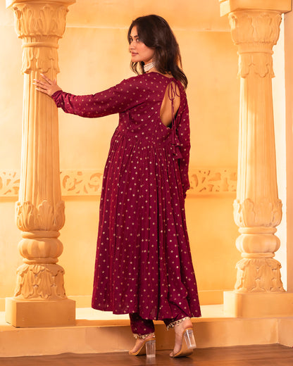 Naazrana Burgundy Wine Anarkali, Pant and Dupatta Set of 3