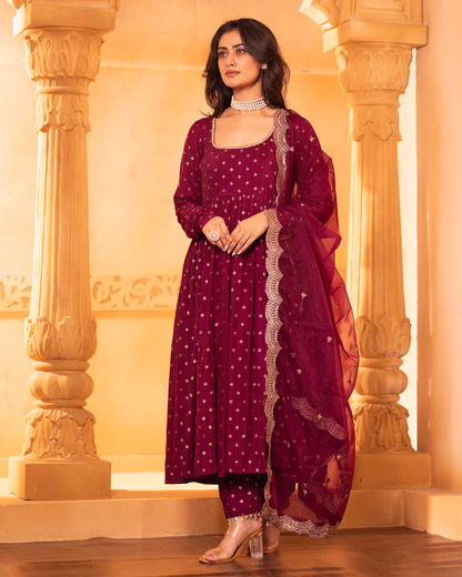 Naazrana Burgundy Wine Anarkali, Pant and Dupatta Set of 3