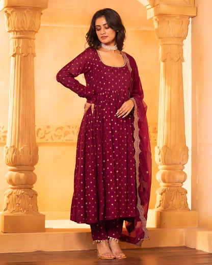 Naazrana Burgundy Wine Anarkali, Pant and Dupatta Set of 3