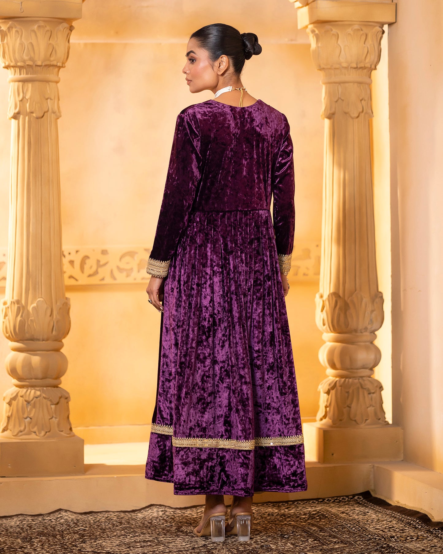 Mehru Deep Orchid Silk Velvet Anarkali with Pant and Dupatta - Set of 3