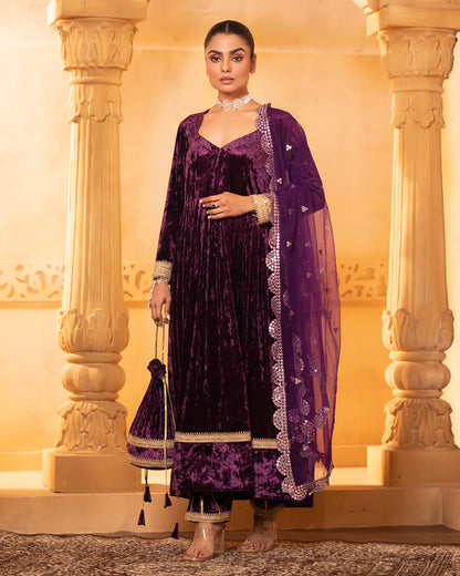 Mehru Deep Orchid Silk Velvet Anarkali with Pant and Dupatta - Set of 3