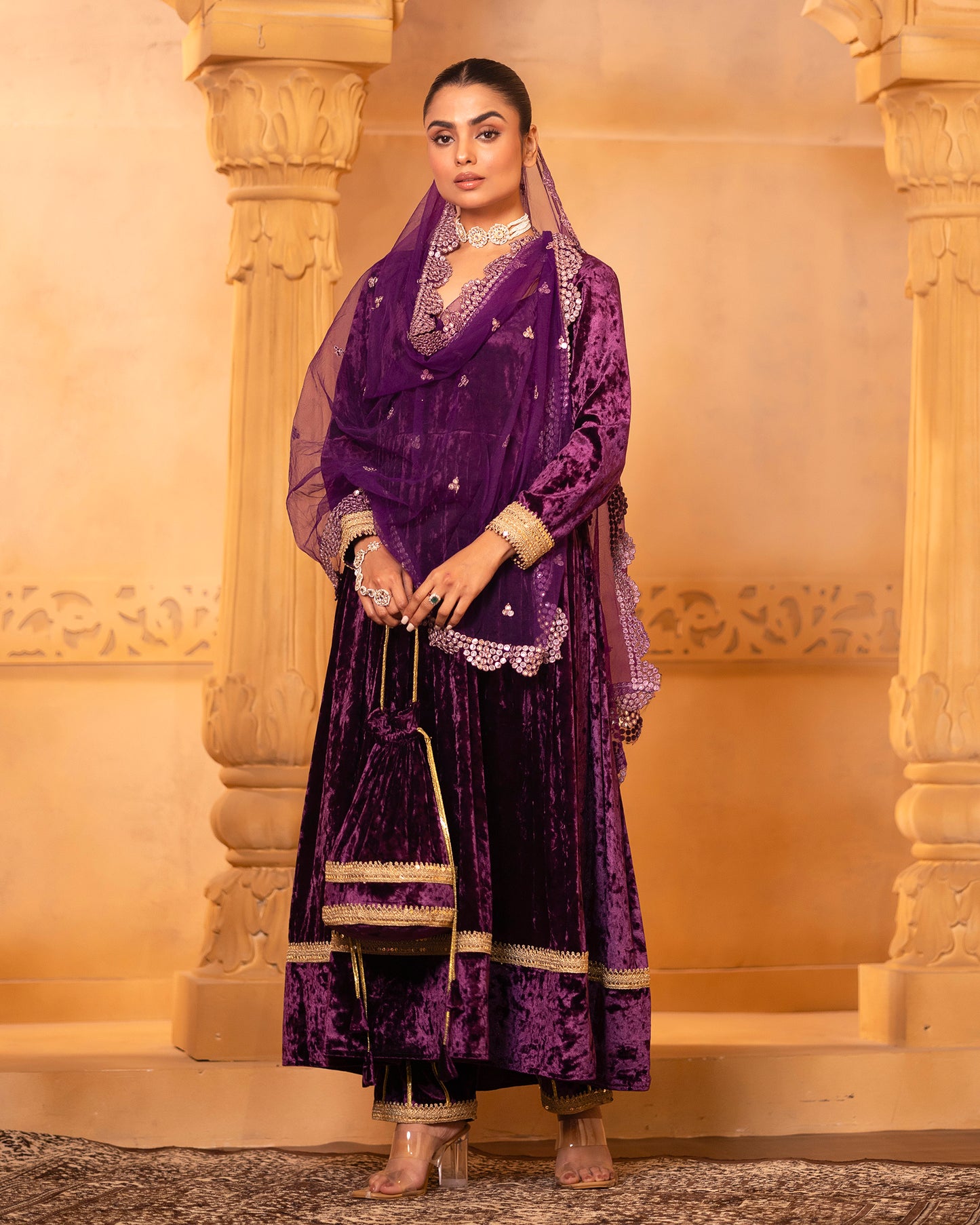 Mehru Deep Orchid Silk Velvet Anarkali with Pant and Dupatta - Set of 3