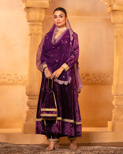 Mehru Deep Orchid Silk Velvet Anarkali with Pant and Dupatta - Set of 3