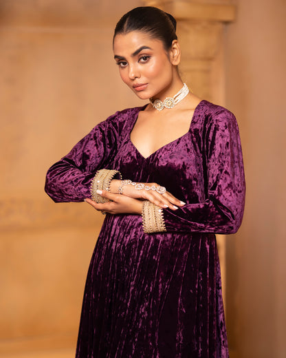 Mehru Deep Orchid Silk Velvet Anarkali with Pant and Dupatta - Set of 3