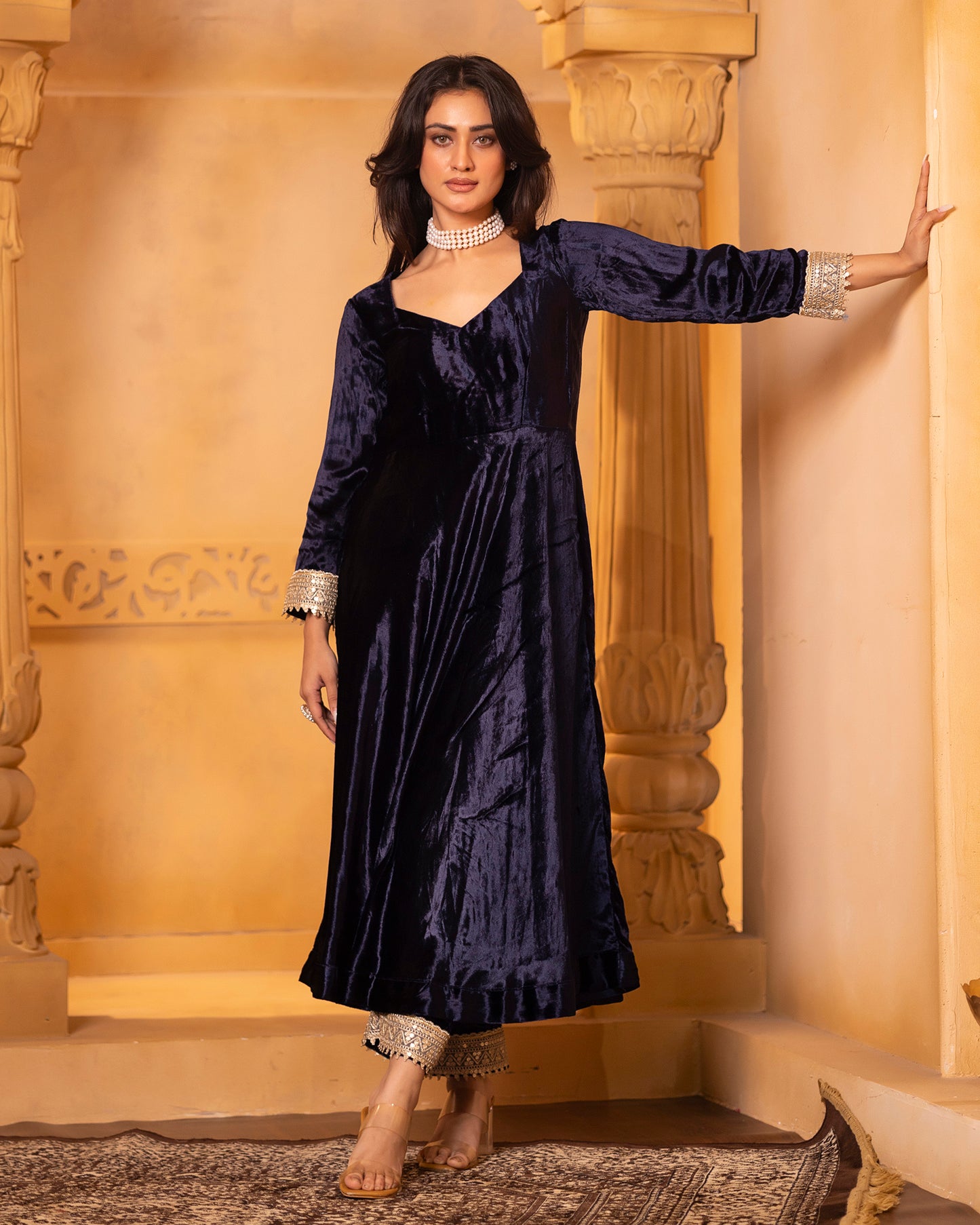 Mehru Navy Blue Silk Velvet Anarkali with Pant and Dupatta - Set of 3