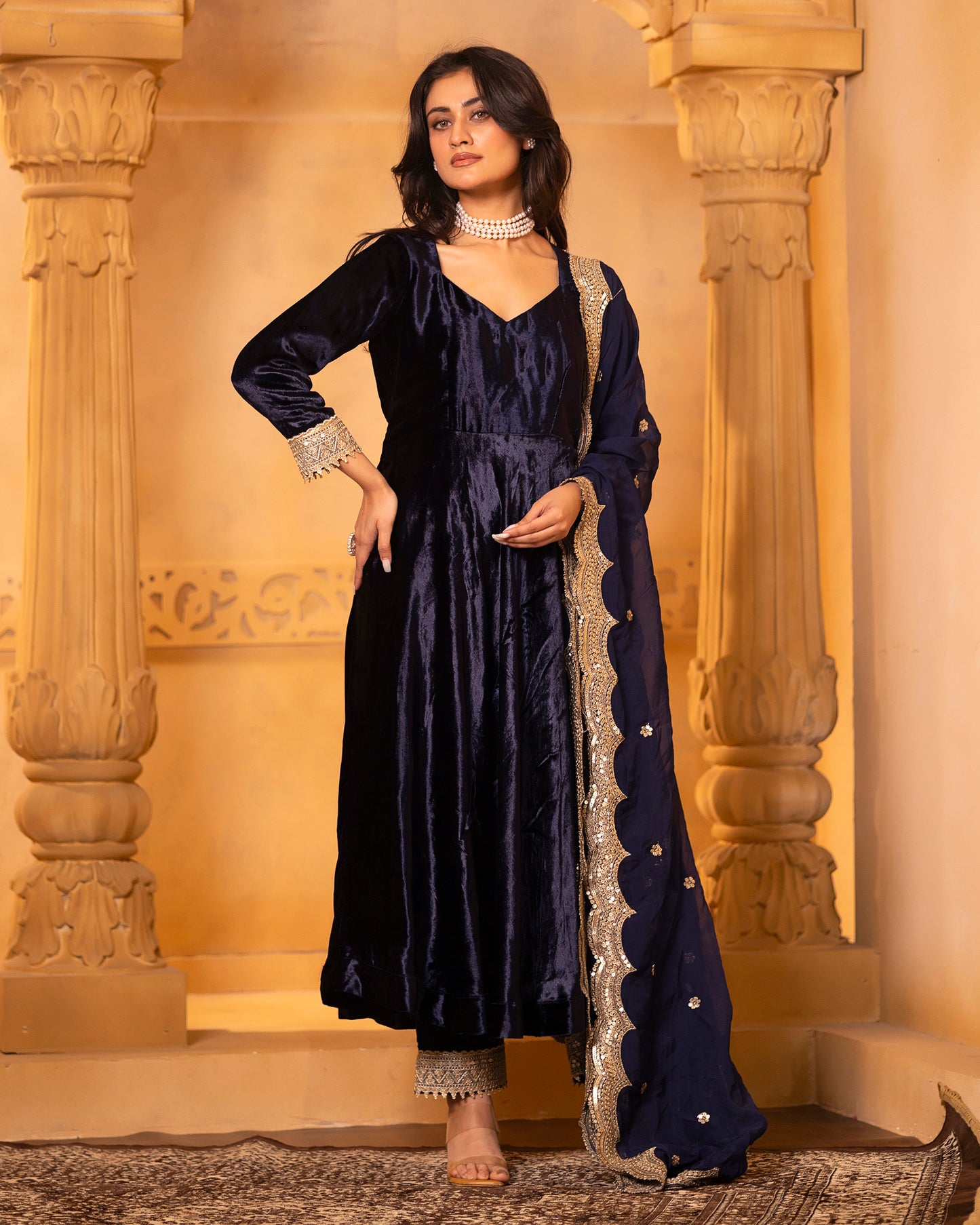 Mehru Navy Blue Silk Velvet Anarkali with Pant and Dupatta - Set of 3