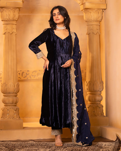 Mehru Navy Blue Silk Velvet Anarkali with Pant and Dupatta - Set of 3