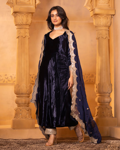 Mehru Navy Blue Silk Velvet Anarkali with Pant and Dupatta - Set of 3