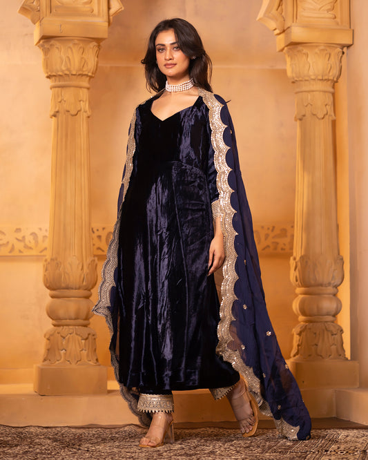 Mehru Navy Blue Silk Velvet Anarkali with Pant and Dupatta - Set of 3