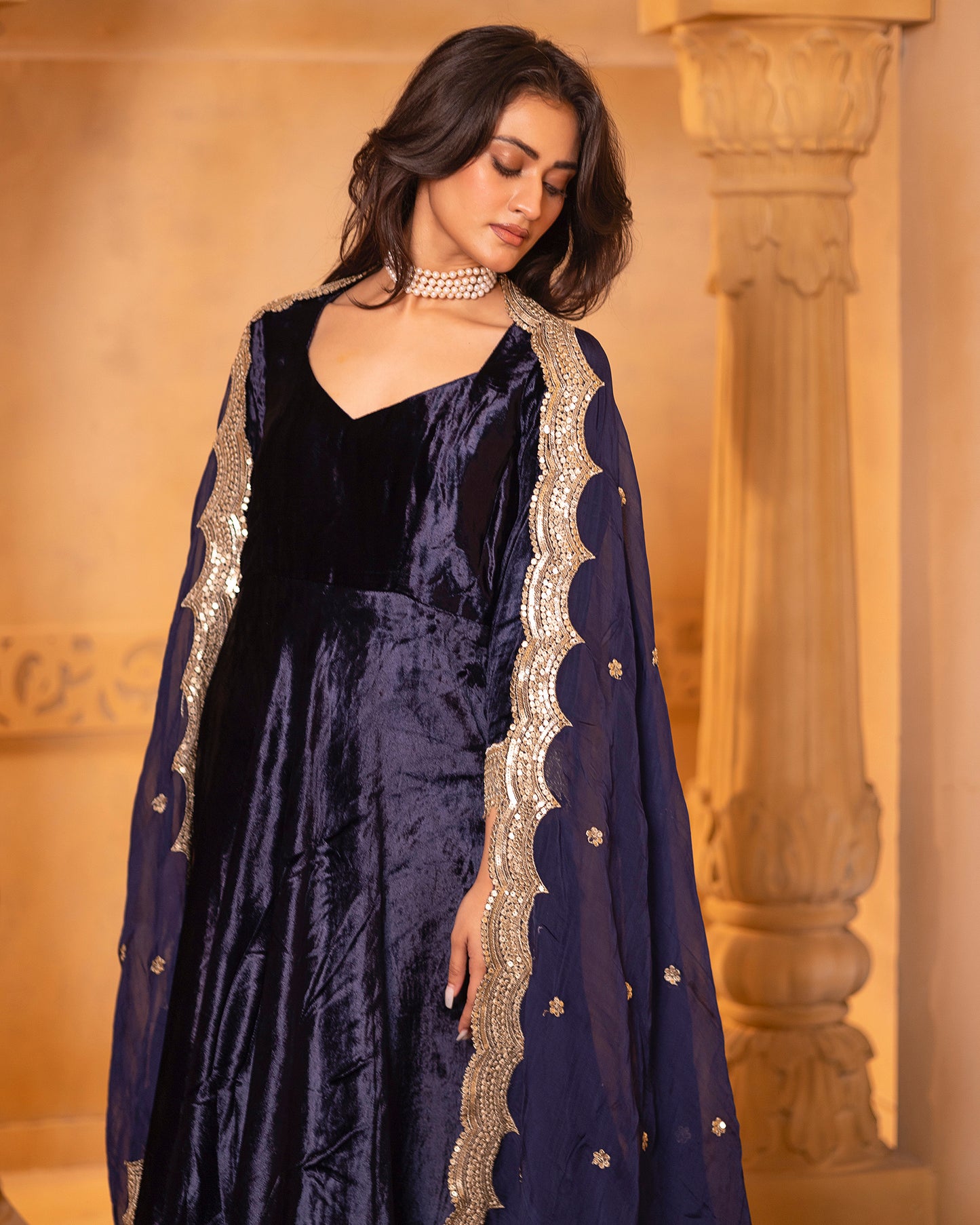 Mehru Navy Blue Silk Velvet Anarkali with Pant and Dupatta - Set of 3