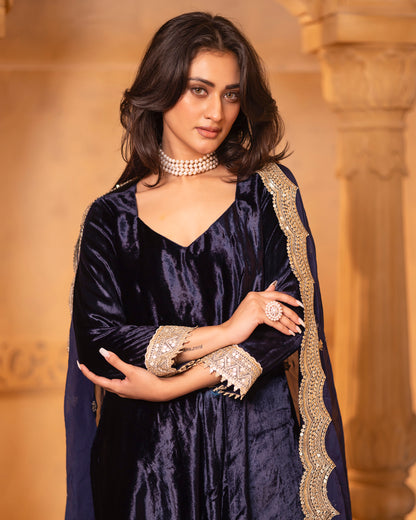 Mehru Navy Blue Silk Velvet Anarkali with Pant and Dupatta - Set of 3