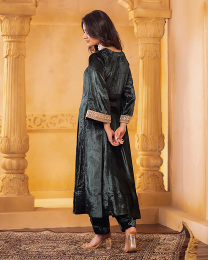 Mehru Emerald Green Silk Velvet Anarkali with Pant and Dupatta - Set of 3