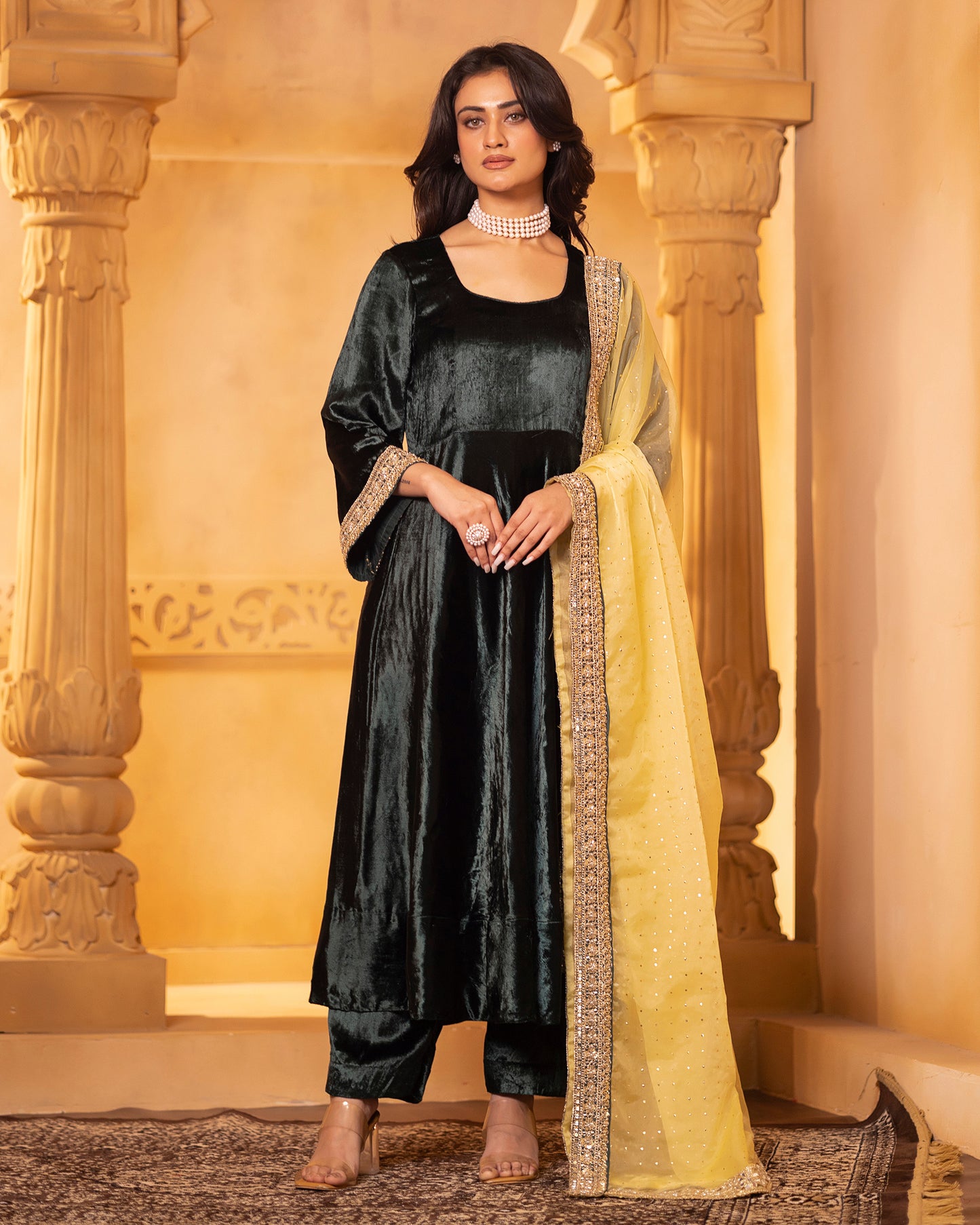 Mehru Emerald Green Silk Velvet Anarkali with Pant and Dupatta - Set of 3