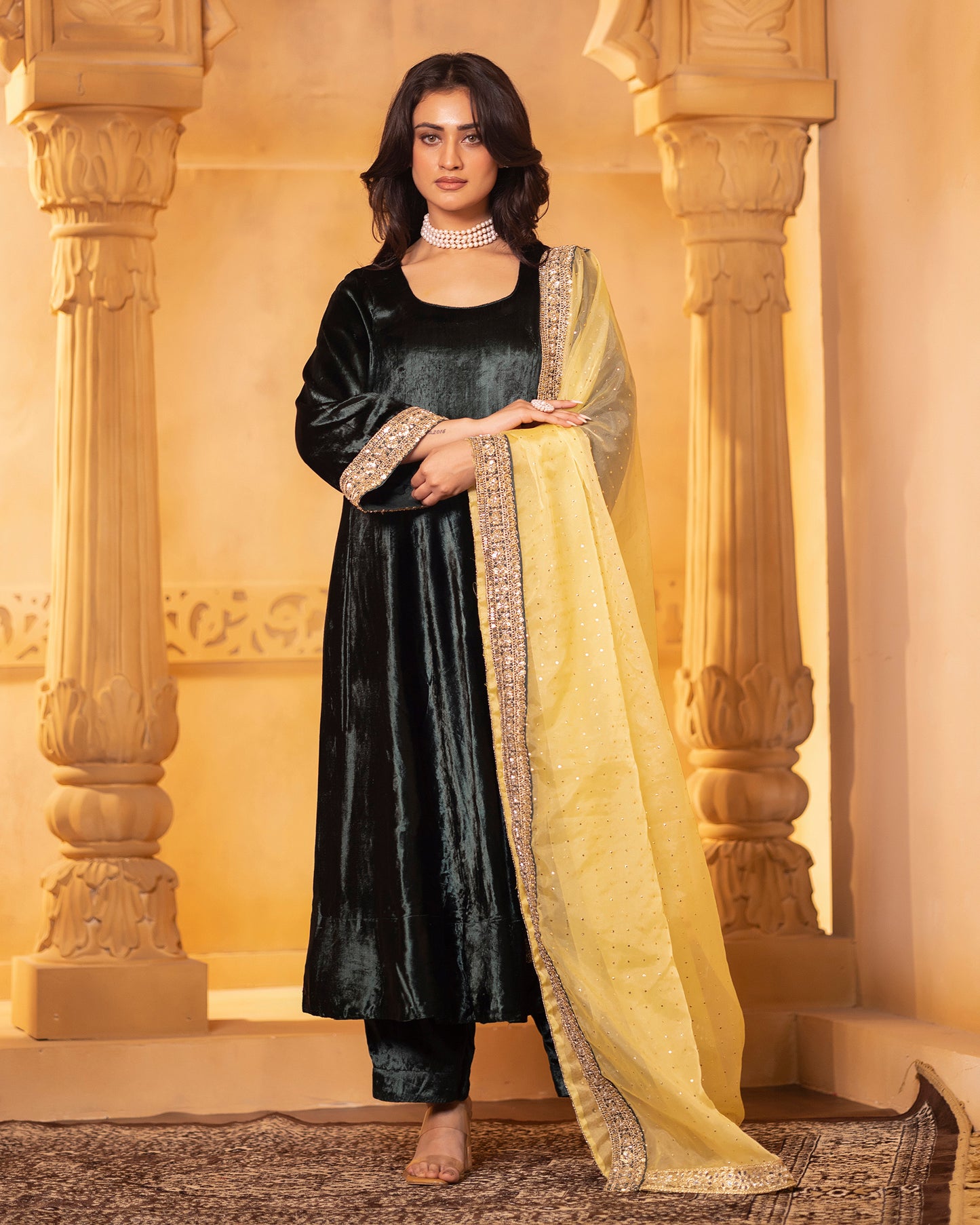 Mehru Emerald Green Silk Velvet Anarkali with Pant and Dupatta - Set of 3