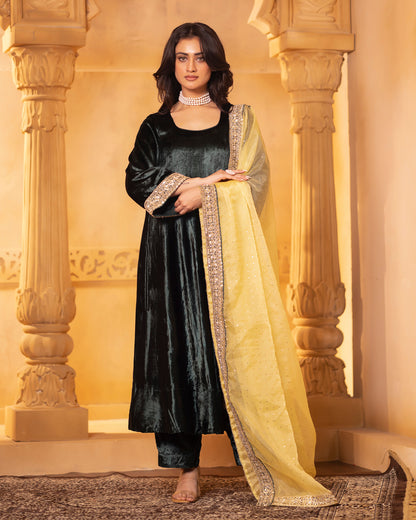 Mehru Emerald Green Silk Velvet Anarkali with Pant and Dupatta - Set of 3