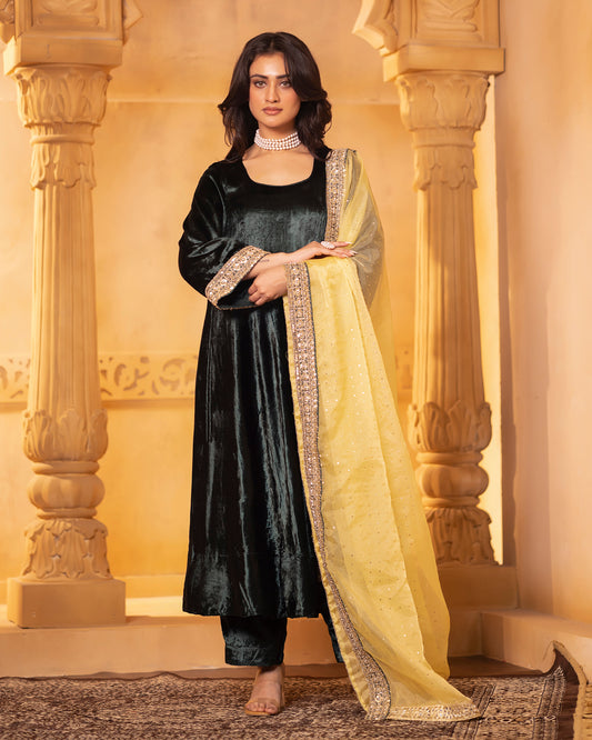 Mehru Emerald Green Silk Velvet Anarkali with Pant and Dupatta - Set of 3