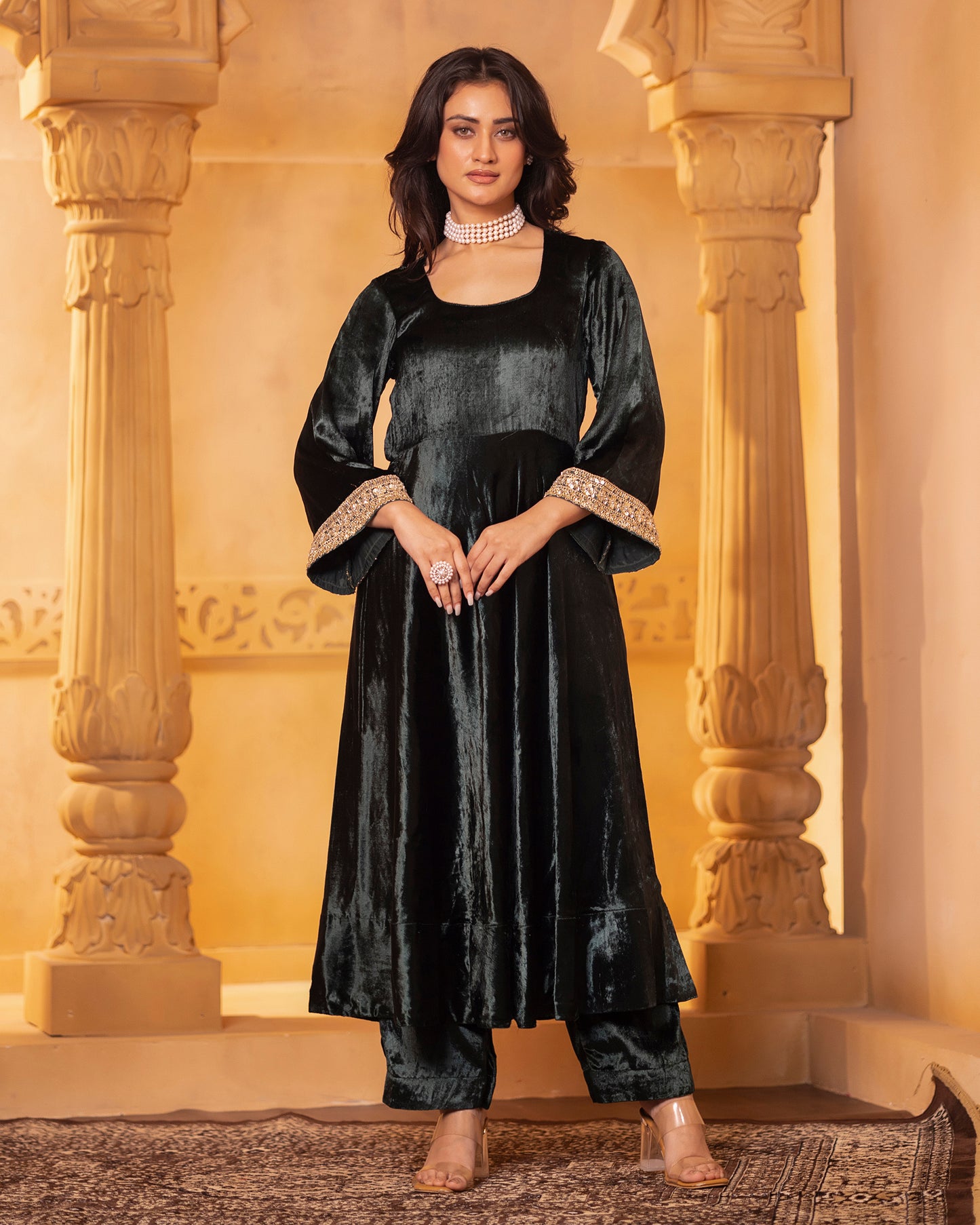 Mehru Emerald Green Silk Velvet Anarkali with Pant and Dupatta - Set of 3