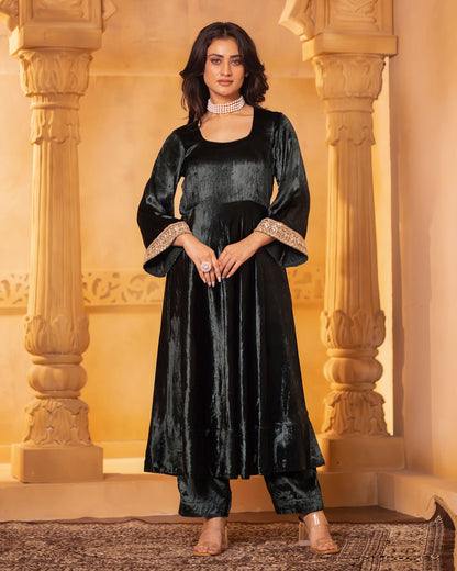 Mehru Emerald Green Silk Velvet Anarkali with Pant and Dupatta - Set of 3
