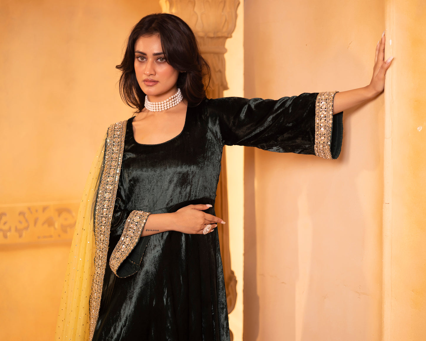 Mehru Emerald Green Silk Velvet Anarkali with Pant and Dupatta - Set of 3