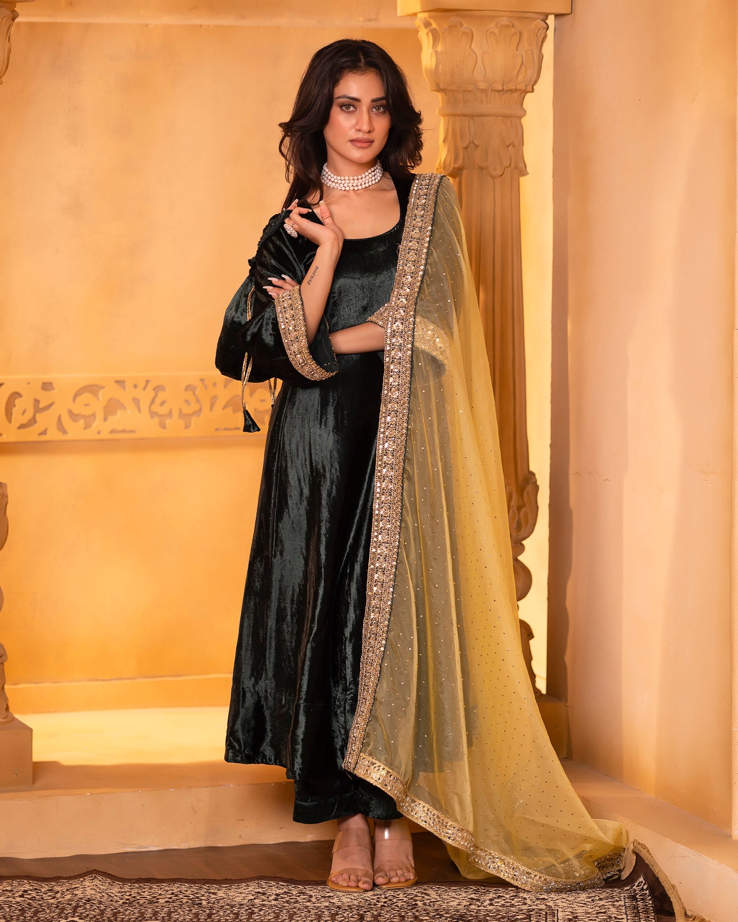 Mehru Emerald Green Silk Velvet Anarkali with Pant and Dupatta - Set of 3