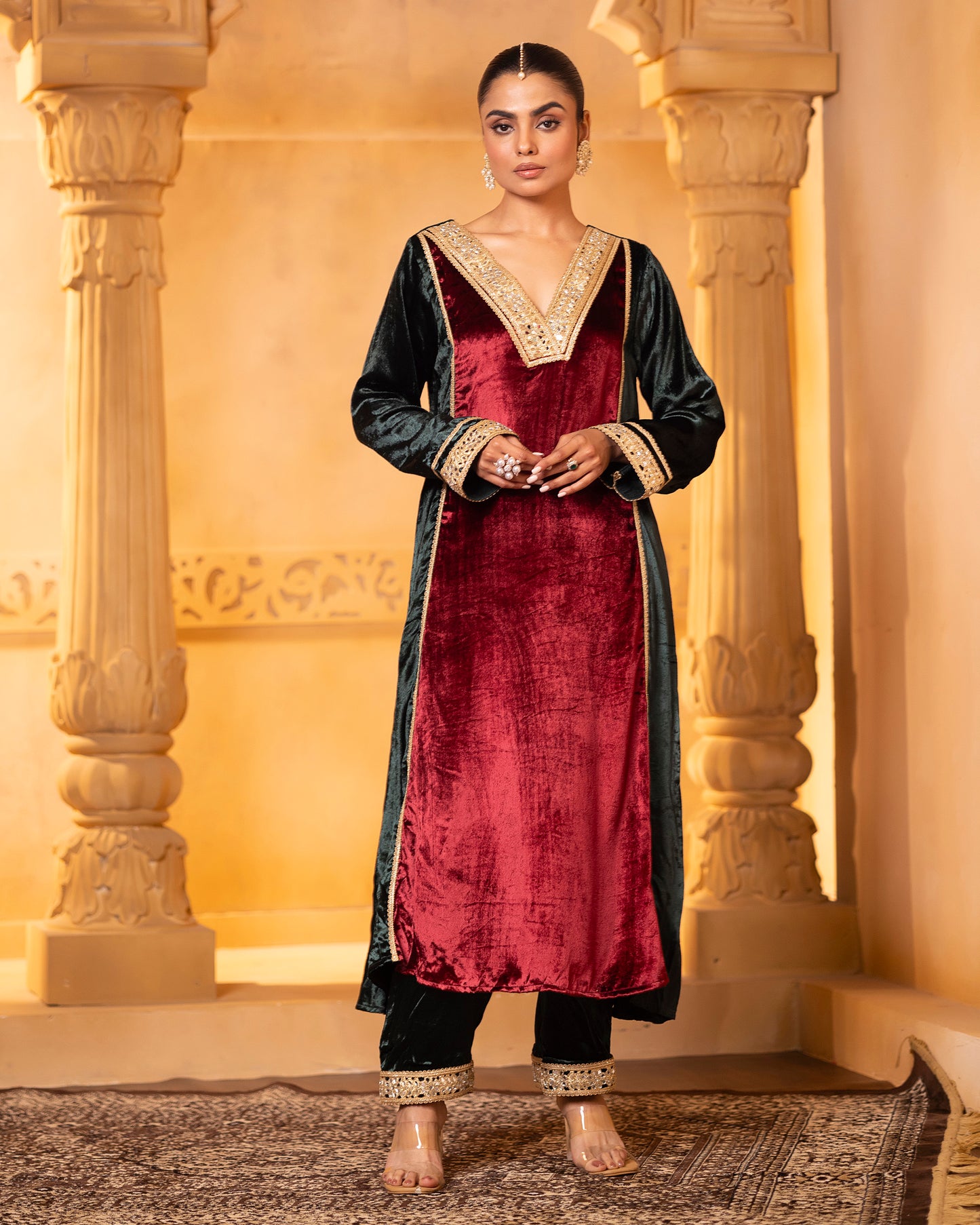 Mehru Emerald Maroon Silk Velvet A-Line Kurta with Pant and Dupatta - Set of 3