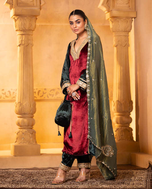 Mehru Emerald Maroon Silk Velvet A-Line Kurta with Pant and Dupatta - Set of 3