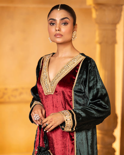 Mehru Emerald Maroon Silk Velvet A-Line Kurta with Pant and Dupatta - Set of 3
