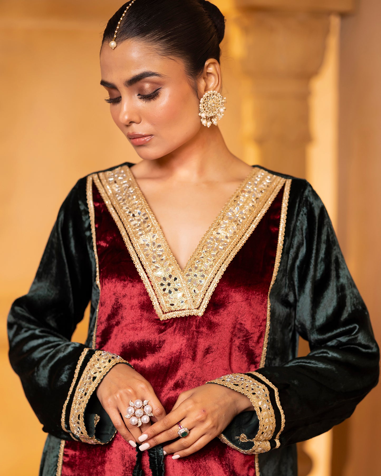 Mehru Emerald Maroon Silk Velvet A-Line Kurta with Pant and Dupatta - Set of 3