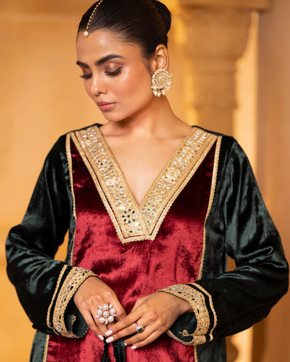 Mehru Emerald Maroon Silk Velvet A-Line Kurta with Pant and Dupatta - Set of 3