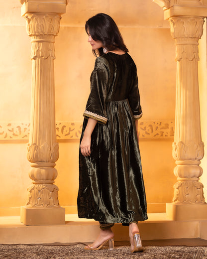 Mehru Olive Silk Velvet Anarkali with Pant and Dupatta - Set of 3