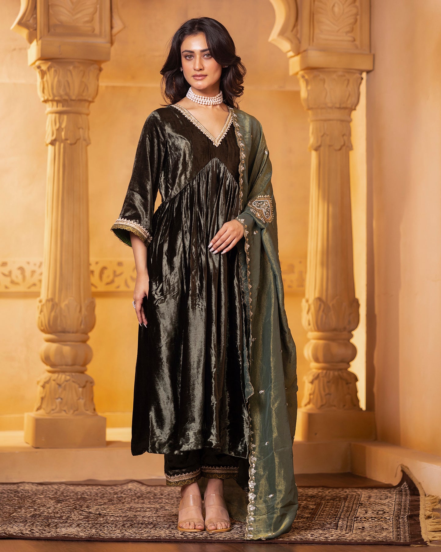 Mehru Olive Silk Velvet Anarkali with Pant and Dupatta - Set of 3