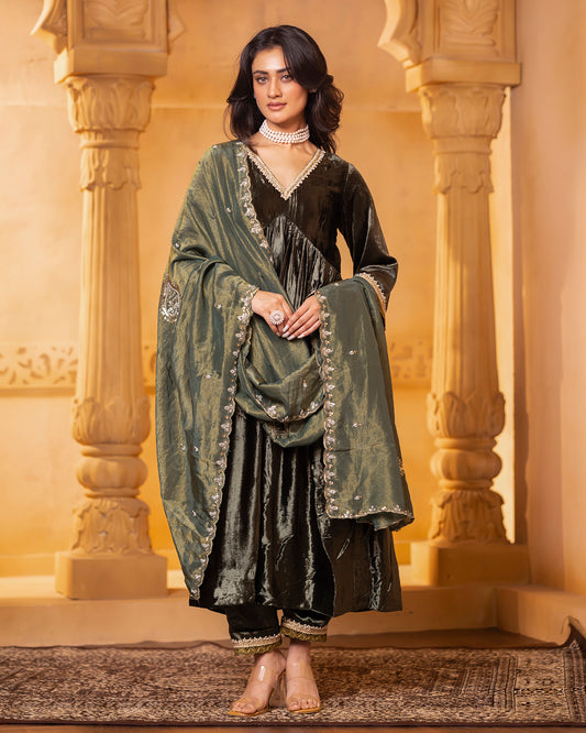 Mehru Olive Silk Velvet Anarkali with Pant and Dupatta - Set of 3