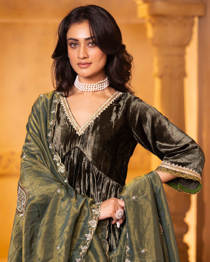 Mehru Olive Silk Velvet Anarkali with Pant and Dupatta - Set of 3