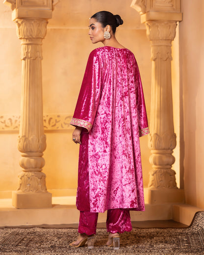 Mehru Fuschia Silk Velvet Kaftan with Palazzo and Dupatta - Set of 3
