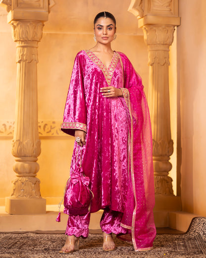 Mehru Fuschia Silk Velvet Kaftan with Palazzo and Dupatta - Set of 3