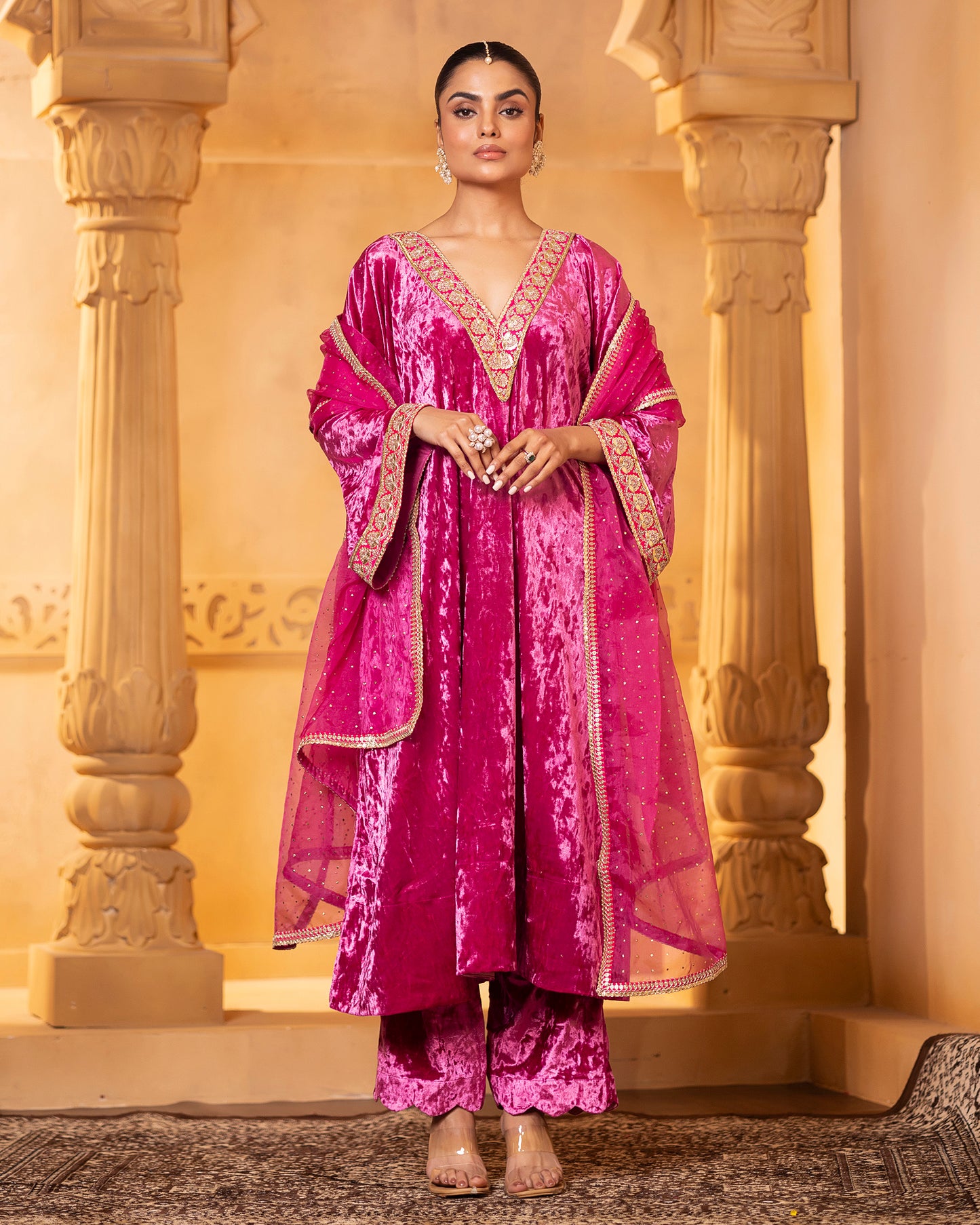Mehru Fuschia Silk Velvet Kaftan with Palazzo and Dupatta - Set of 3